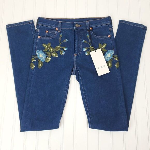 Gucci Floral Bloom Embroidered Stretch Denim Jeans in Blue I-0222a16 - Picture 4 of 16